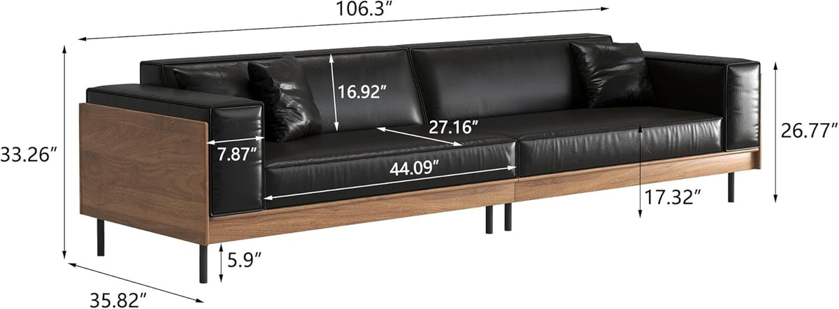 106.3" 4 Seater Patio Sofa, Minimalist Deep Seat Waxed Leather Couch with Weather Resistant Fabric, Outdoor Furniture for Pool Balcony Lounge Sunroom and Backyard, Black