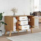 White and Brown Solid Pine Wood Sideboard with Multiple Drawers and Doors for Dining Room Living Room Hallway Storage Modern Scandinavian Design Furniture