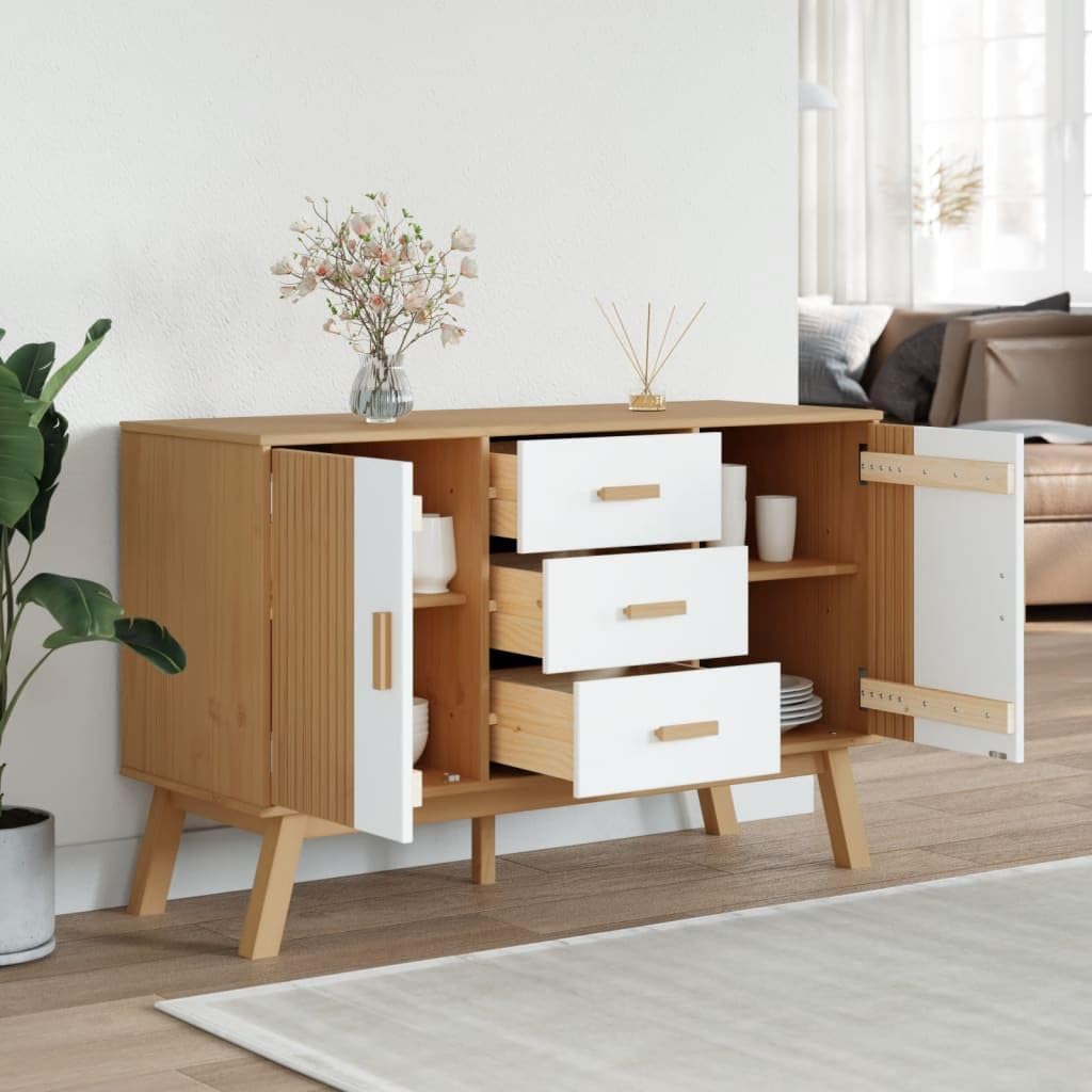 White and Brown Solid Pine Wood Sideboard with Multiple Drawers and Doors for Dining Room Living Room Hallway Storage Modern Scandinavian Design