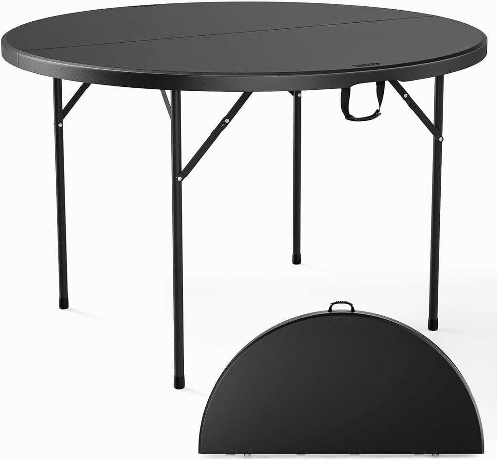 VINGLI Black 48" Round Bi-Folding Commercial Table, 4 Feet Portable Plastic Dining Card Table for Kitchen or Outdoor Party Wedding Event, 1-Pack