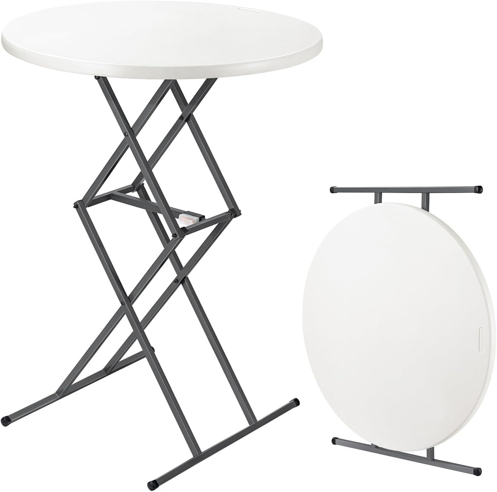 FanttikOutdoor Folding Table Round 32" Quick Adjust 4 Heights Party, Patio | One-Handed Adjustable Tall Bistro Foldable Bar Height Table, Cocktail, Backyard, Dining, Wedding, White Zeta O3 Pro