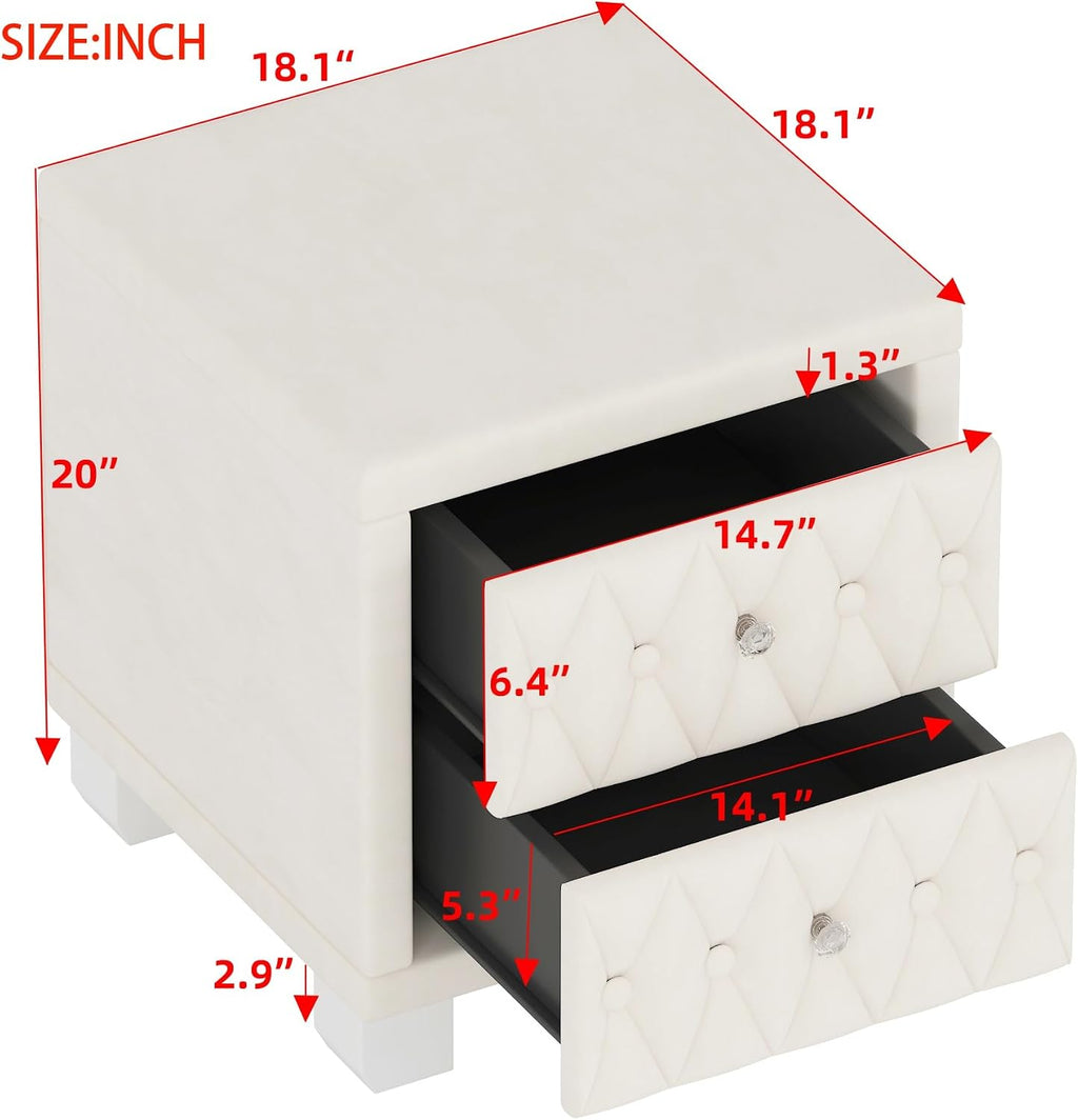 Elegant Velvet Nightstand with 2 Drawers and Crystal Handle, Storage Bedside Table with Button-Tufted,for Small Spaces