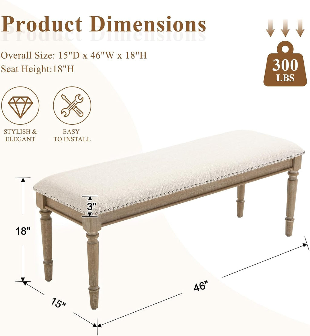 46'' French Country Entryway Bench Wooden Linen Fabric Upholstered Seat Dinng Bench with Nailhead Trim for Hallway End of Bed, Beige