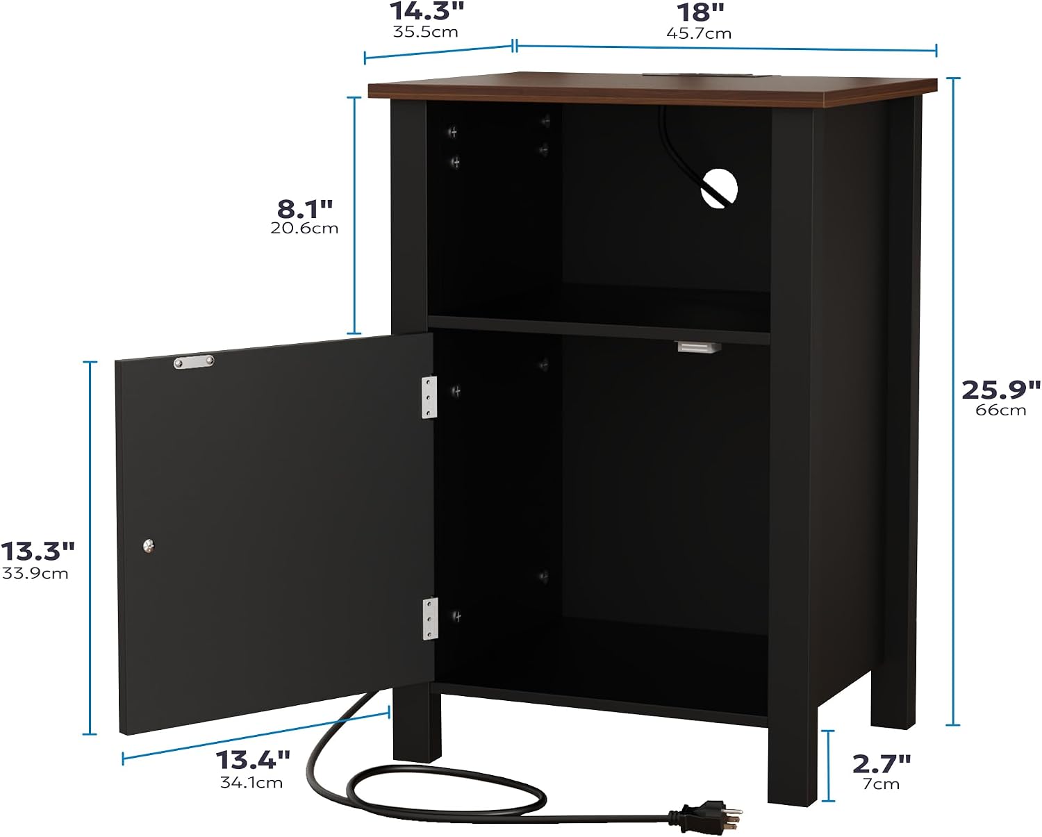 Furnify Nightstand with Charging Station, Night Stand Set of 2, Black | Farmhouse Rustic Night Stand with USB Ports & Open Storage Shelf, Modern Bedside Table with Door, Small End Table for Bedroom