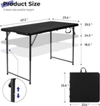 Folding Table 4 Foot Portable Heavy Duty Plastic Fold-in-Half Utility Table Small Indoor Outdoor Adjustable Height Folding with Carrying Handle, Camping and Party Black