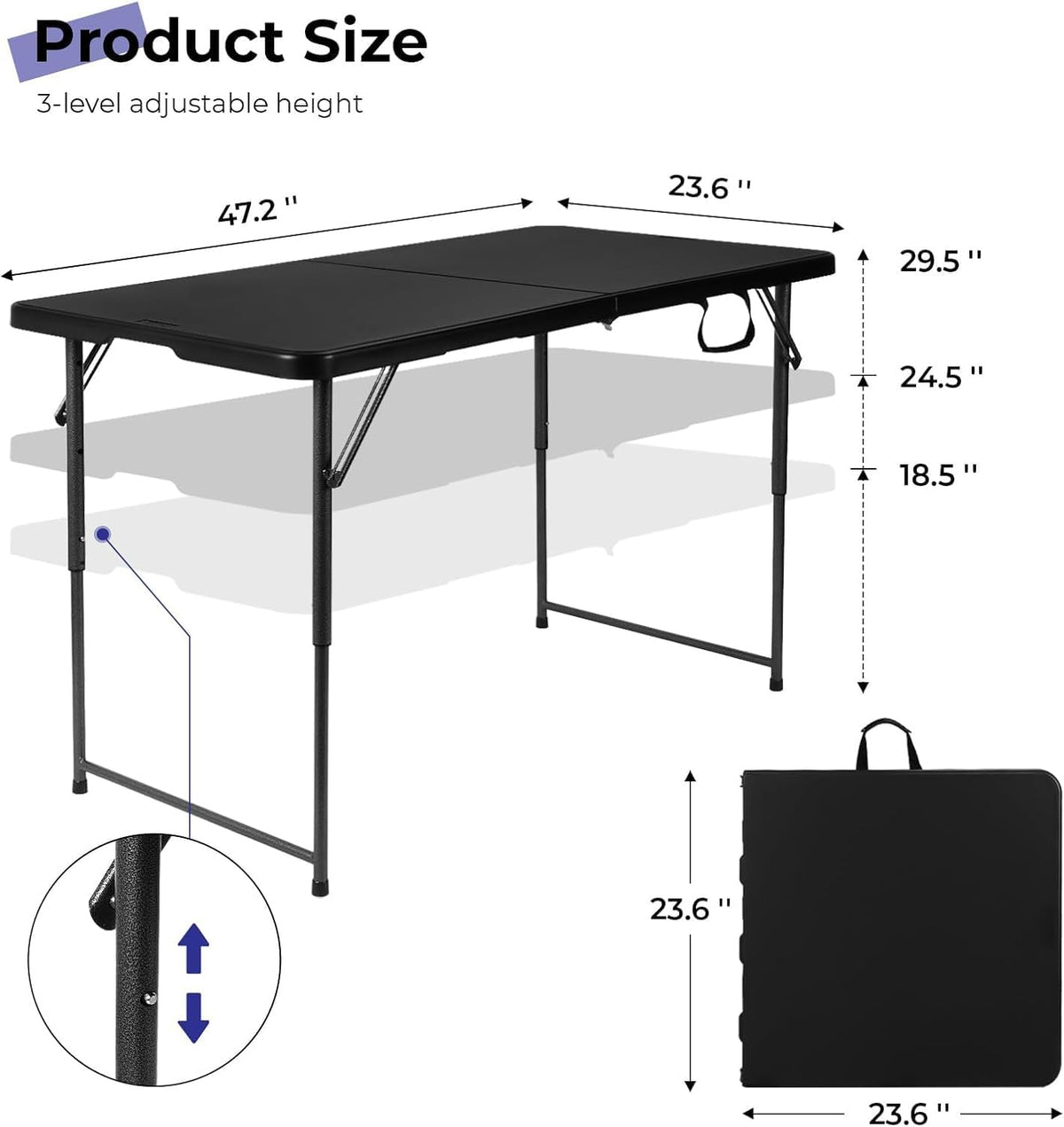 Folding Table 4 Foot Portable Heavy Duty Plastic Fold-in-Half Utility Table Small Indoor Outdoor Adjustable Height Folding with Carrying Handle, Camping and Party Black