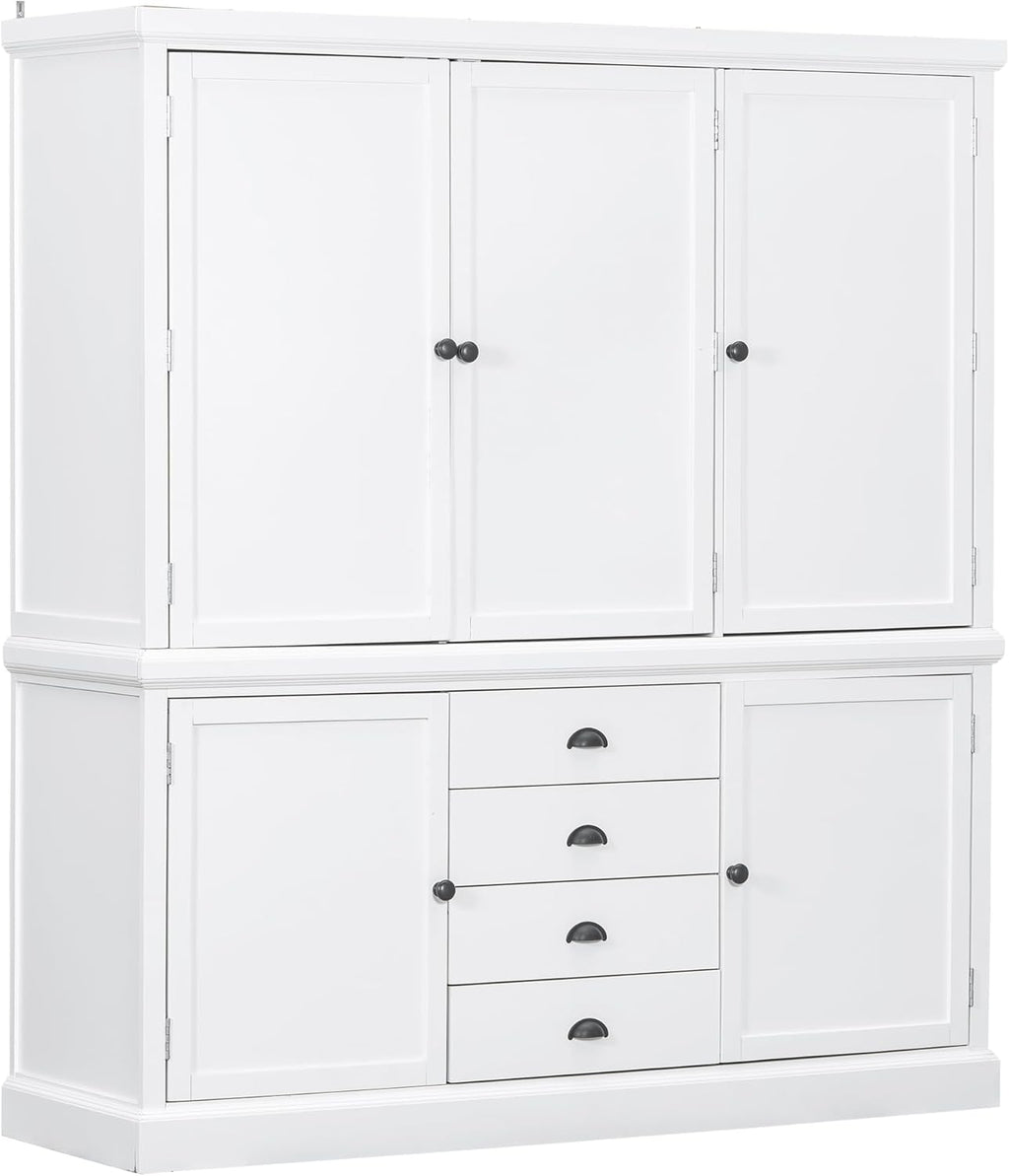 VilroCaz Freestanding Large Kitchen Pantry, Wooden Kitchen Organizers and Storage Kitchen Cabinet with 4 Drawers, Cupboard, 5 Doors, Adjustable Shelves for Dining Room (White-3.15)