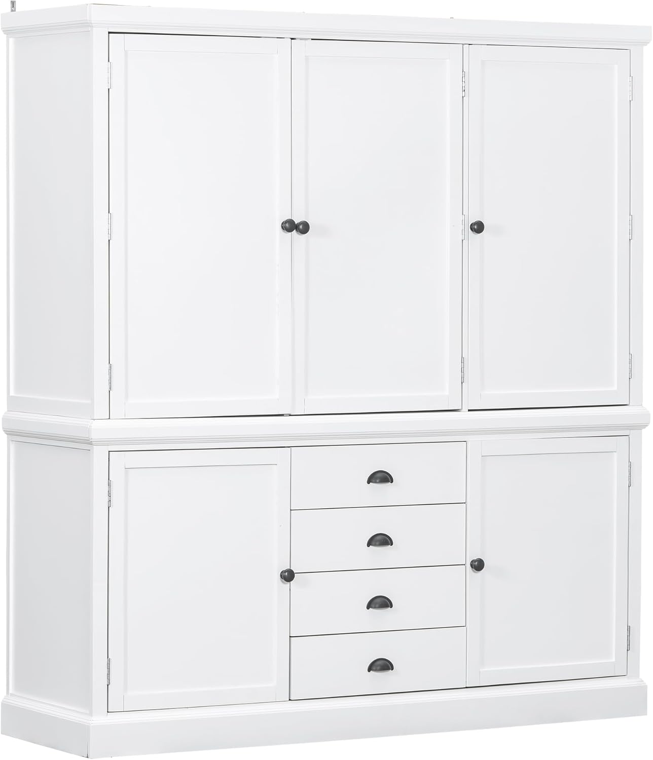 VilroCaz Freestanding Large Kitchen Pantry, Wooden Kitchen Organizers and Storage Kitchen Cabinet with 4 Drawers, Cupboard, 5 Doors, Adjustable Shelves for Dining Room (White-3.15)