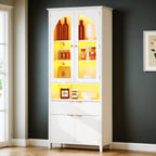 DWVO 72" Tall Kitchen Pantry Cabinet with LED Light, Fluted Storage Cabinet with Drawer and Arched Glass Doors, Adjustable Shelves, Tall Kitchen Cabinets for Living Room, Dinning Room, White