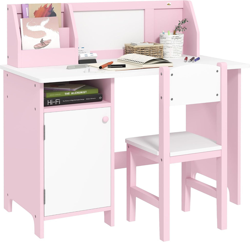 Toddler Table and Chair Set with Whiteboard and Storage Cabinet, Pink | Kids Writing Desk and Homework Table for Drawing, Learning, and Playroom Activities