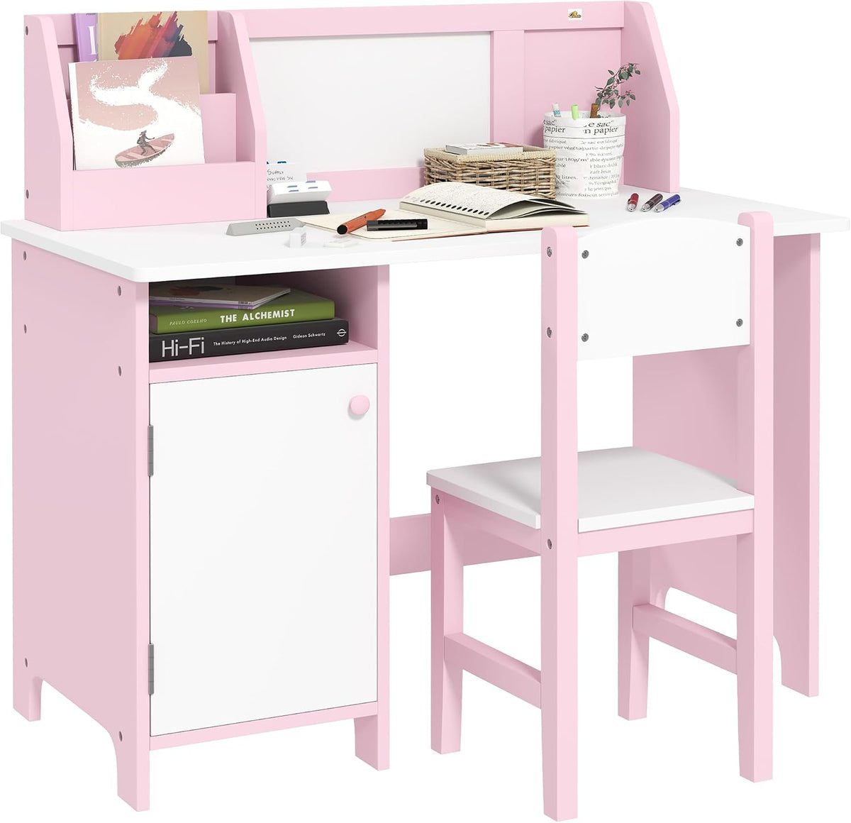 Toddler Table and Chair Set with Whiteboard and Storage Cabinet, Pink | Kids Writing Desk and Homework Table for Drawing, Learning, and Playroom Activities