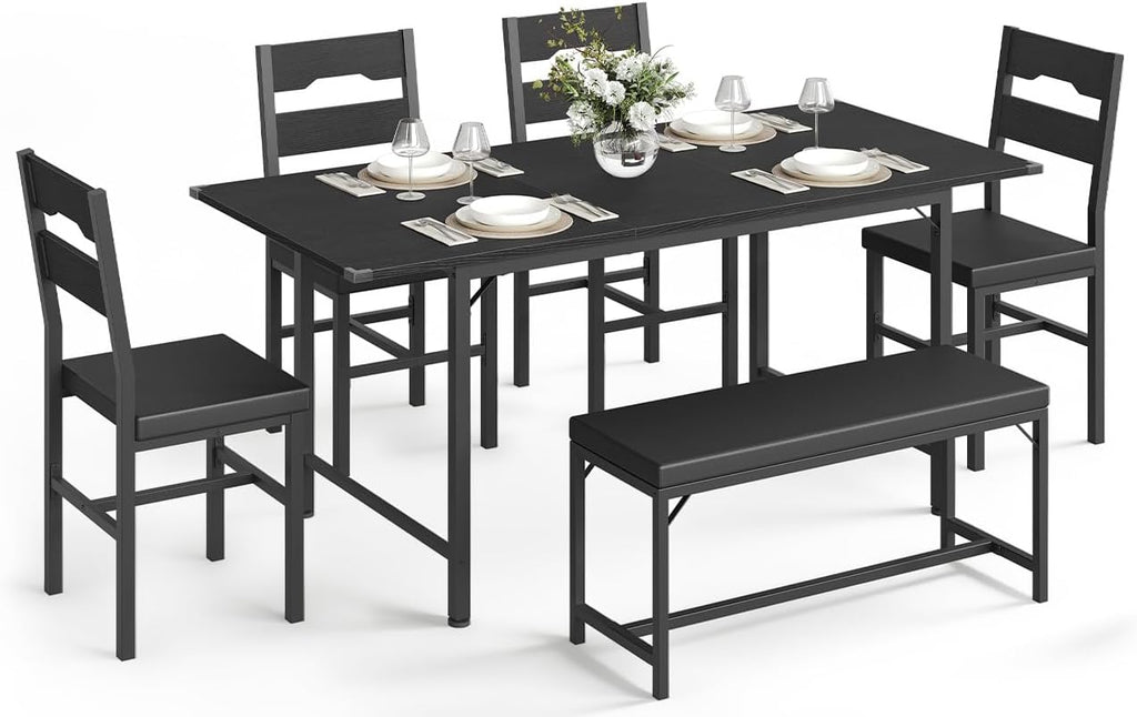 6-Piece Dining Table Set for 4-8, 63" Extendable Kitchen Table with 4 PU Upholstered Dining Room Chairs & Bench, Heavy-Duty Metal Frame, Space-Saving, for Small Space, Office, Kitchen, Black
