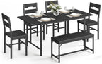 6-Piece Dining Table Set for 4-8, 63" Extendable Kitchen Table with 4 PU Upholstered Dining Room Chairs & Bench, Heavy-Duty Metal Frame, Space-Saving, for Small Space, Office, Kitchen, Black