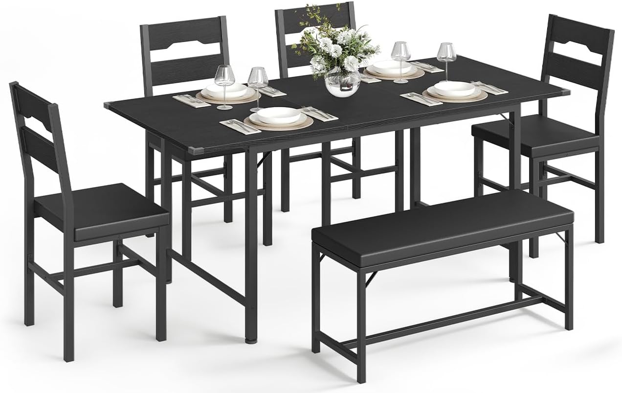 6-Piece Dining Table Set for 4-8, 63" Extendable Kitchen Table with 4 PU Upholstered Dining Room Chairs & Bench, Heavy-Duty Metal Frame, Space-Saving, for Small Space, Office, Kitchen, Black