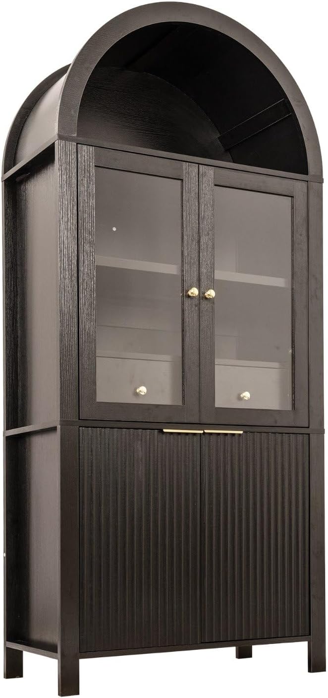 71" Tall Arched Pantry Cabinet with Glass Doors, Fluted Kitchen Storage Cabinet with Adjustable Shelves & Hidden Drawer, Freestanding Display Cabinet for Kitchen, Black