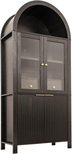 71" Tall Arched Pantry Cabinet with Glass Doors, Fluted Kitchen Storage Cabinet with Adjustable Shelves & Hidden Drawer, Freestanding Display Cabinet for Kitchen, Black