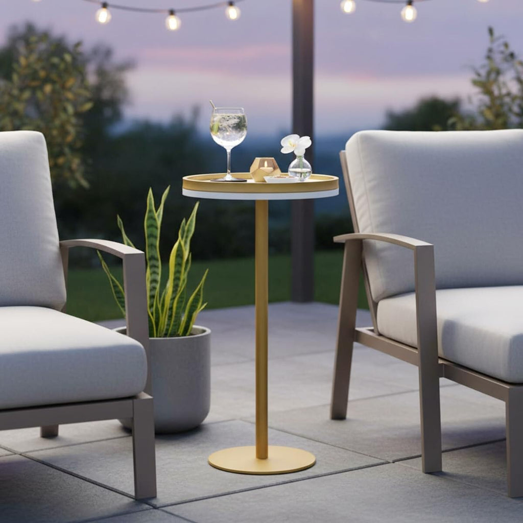 Martini Table, Small Round Drink Table with Weighted Base,Modern White & Gold Pedestal End Table with Tray Top Edge for Small Spaces, Living Room, Next to Sofa,24.7 "Tall