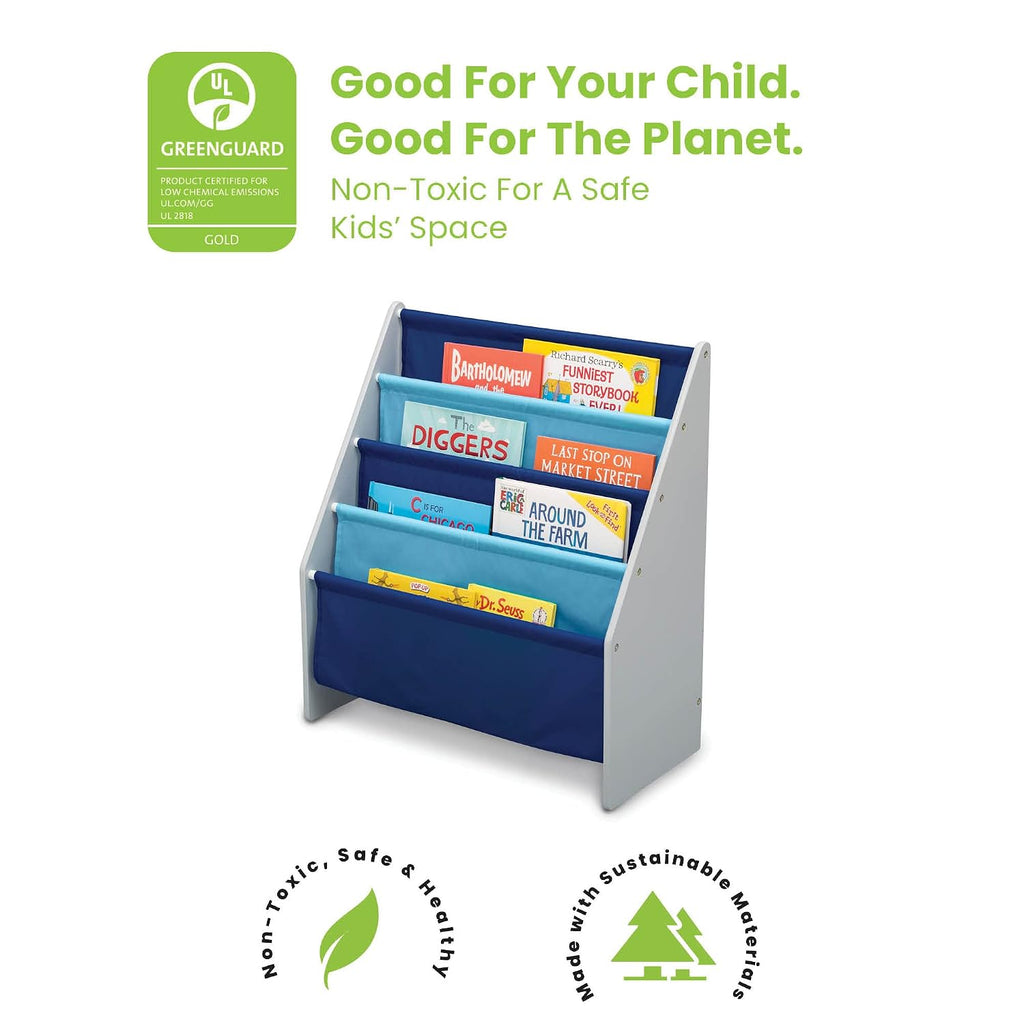 Delta Children MySize Kids Wood Table and Chair Set (2 Chairs Included) & Sling Book Rack Bookshelf for Kids - Easy-to-Reach Storage for Books, Magazines or Coloring Books, Grey/Blue