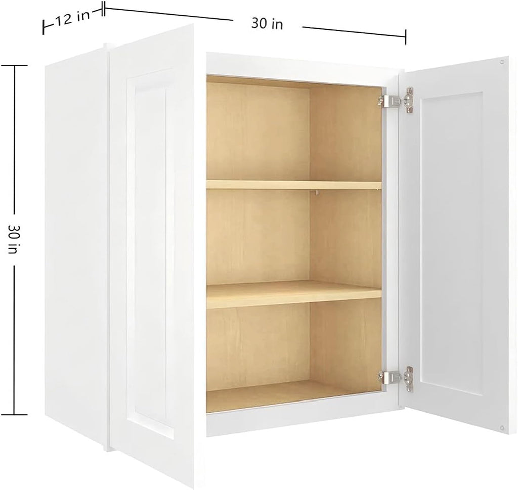 30" W x 30" H x 12" D Kitchen Wall Cabinet, White Shaker RTA Double Door Hanging Storage with Soft Close Hinges, Premium HDF & Plywood Built-in Cabinetry for Laundry Room, Bathroom & Pantry