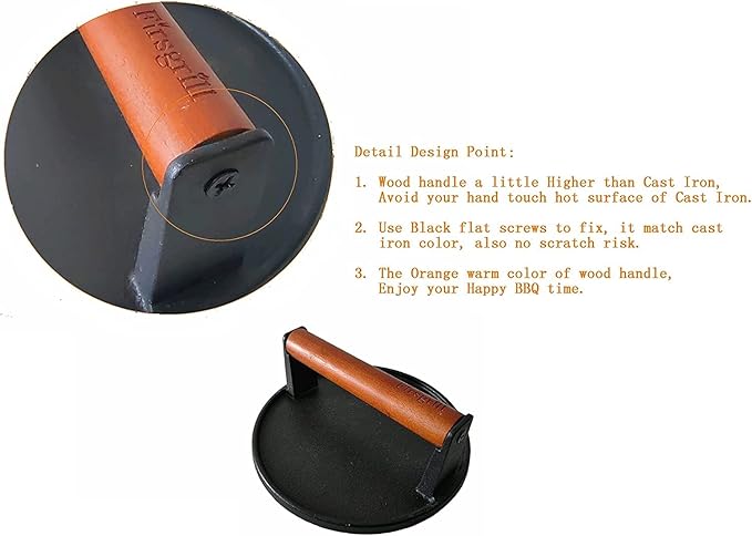 2-Pack Burger Press 7.08" Round,Heavy-Duty Cast Iron Smash Burger Press Meat Steak with Wood Handle for Blackstone Camp Chef Pitboss Weber Griddle Grills (2 Round)