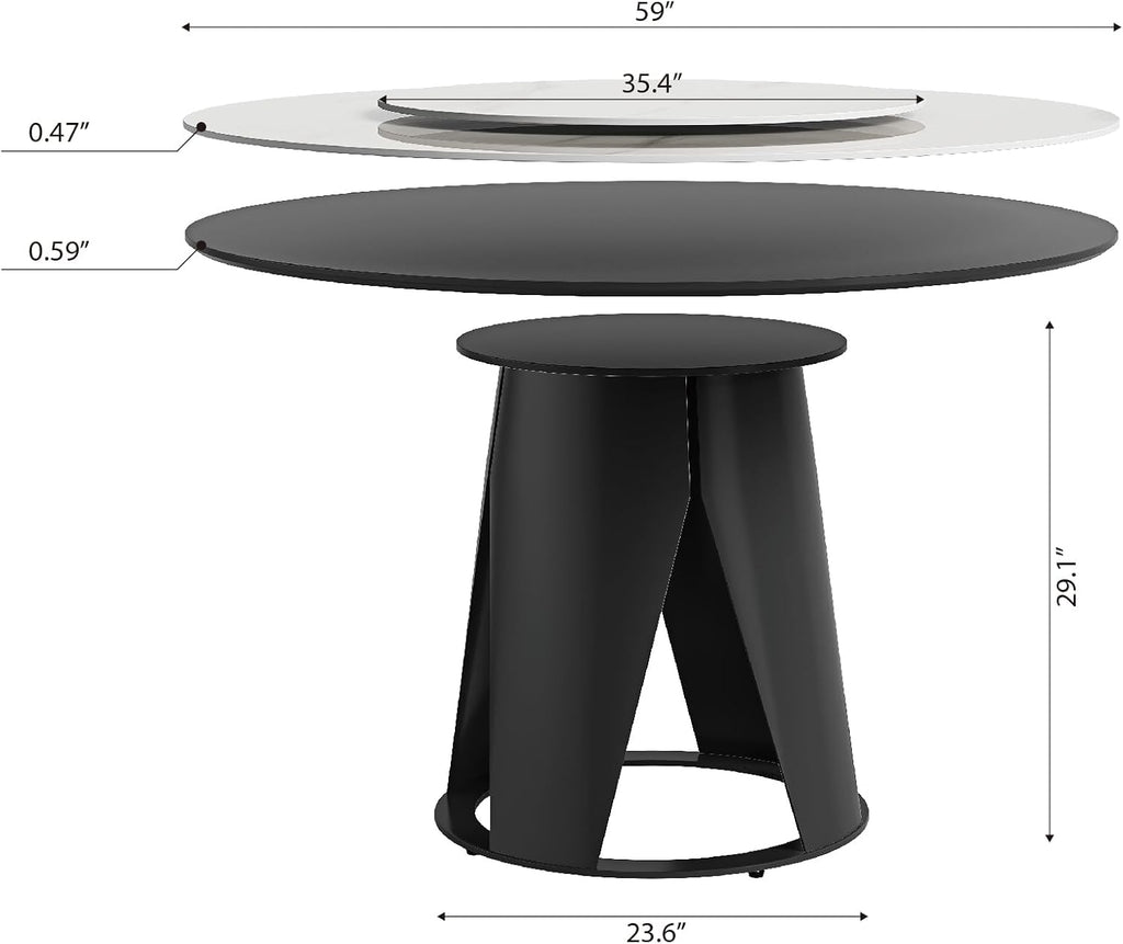 Montary 59" Modern Round Dining Table, Turntable Faux Marble Kitchen Table with Lazy Susan, Sintered Stone Tabletop Dining Room Table for 6-8 Person, with Black Metal Pedestal