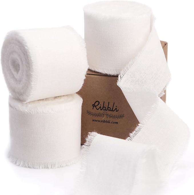 RiRibbli 3 Rolls White Ribbon 1.5 Inch x 18Yards Handmade Cotton Frayed Fringe Ribbons for Gift Wrapping Wedding Invites Bridal Bouquets Baby Shower DIY Crafts Home Decor