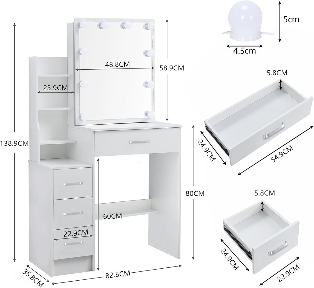 White Vanity Desk with Mirror and Lights, Modern Dimmable LED Dressing Table with 4 Drawers, Open Shelves and Stool for Bedroom, 90x140x40 cm 3 Color Modes & Adjustable Brightness, White