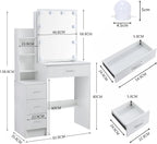White Vanity Desk with Mirror and Lights, Modern Dimmable LED Dressing Table with 4 Drawers, Open Shelves and Stool for Bedroom, 90x140x40 cm 3 Color Modes & Adjustable Brightness, White