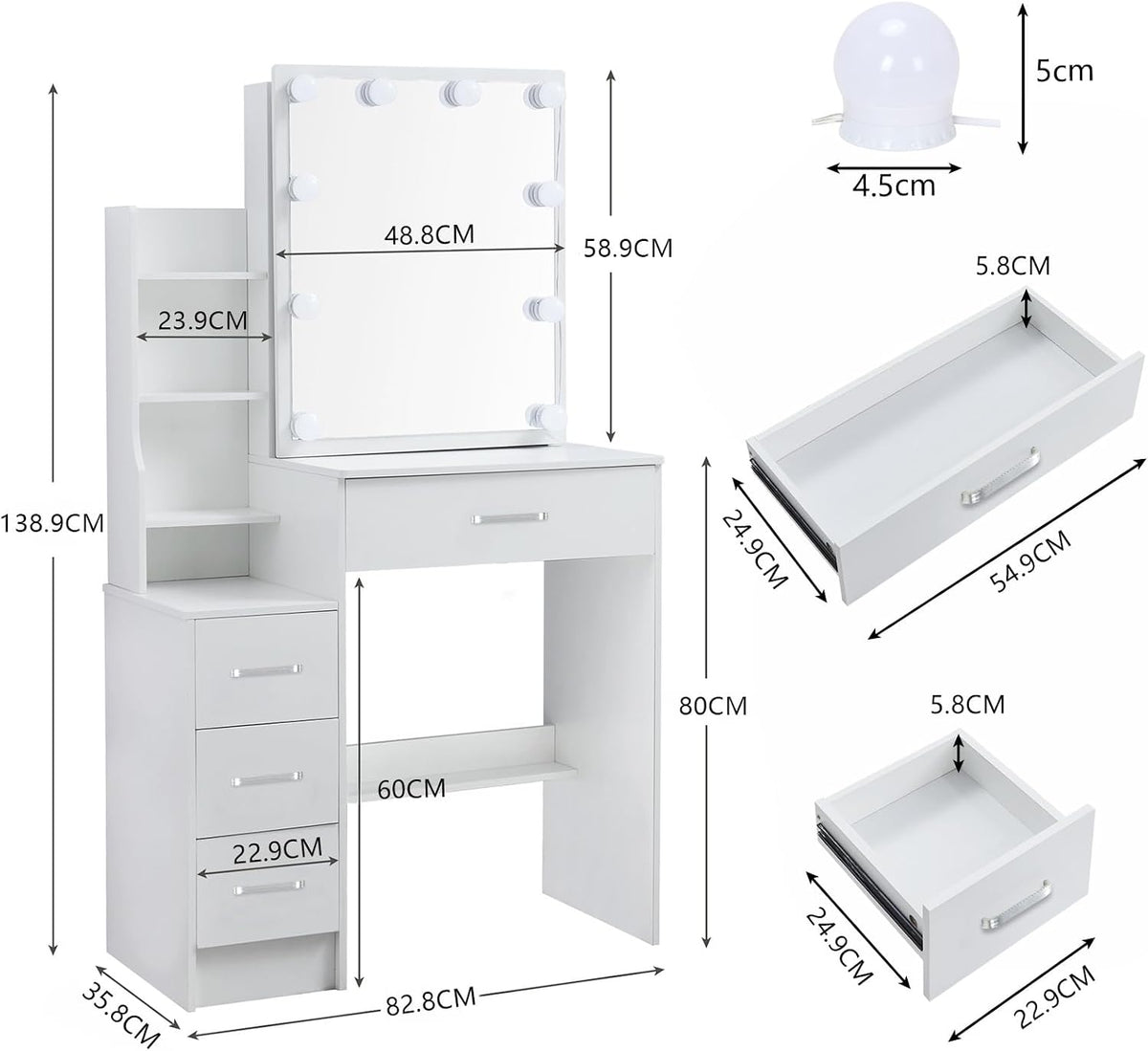 White Vanity Desk with Mirror and Lights, Modern Dimmable LED Dressing Table with 4 Drawers, Open Shelves and Stool for Bedroom, 90x140x40 cm 3 Color Modes & Adjustable Brightness, White