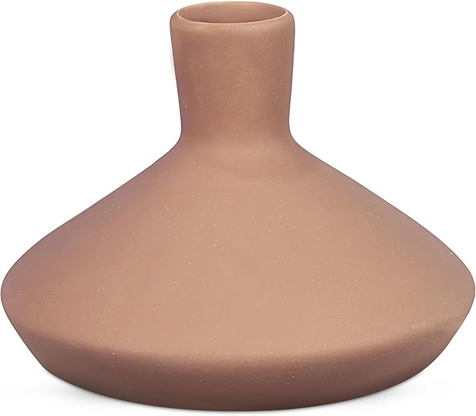 Young's Inc Terracotta Stoneware Wide Bottom Vase - Modern Rustic Decorative Orange Table Centerpiece,Sculptural Accent for Home Decor, 3.6 inch Tall