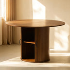 Round Dining Table with Storage Cabinet, Wood Kitchen Table with Double Doors & 2-Tier Storage Shelves, Cylindrical Pedestal Table for Small Spaces, Living Room, Seat for 4-6 People, Walnut