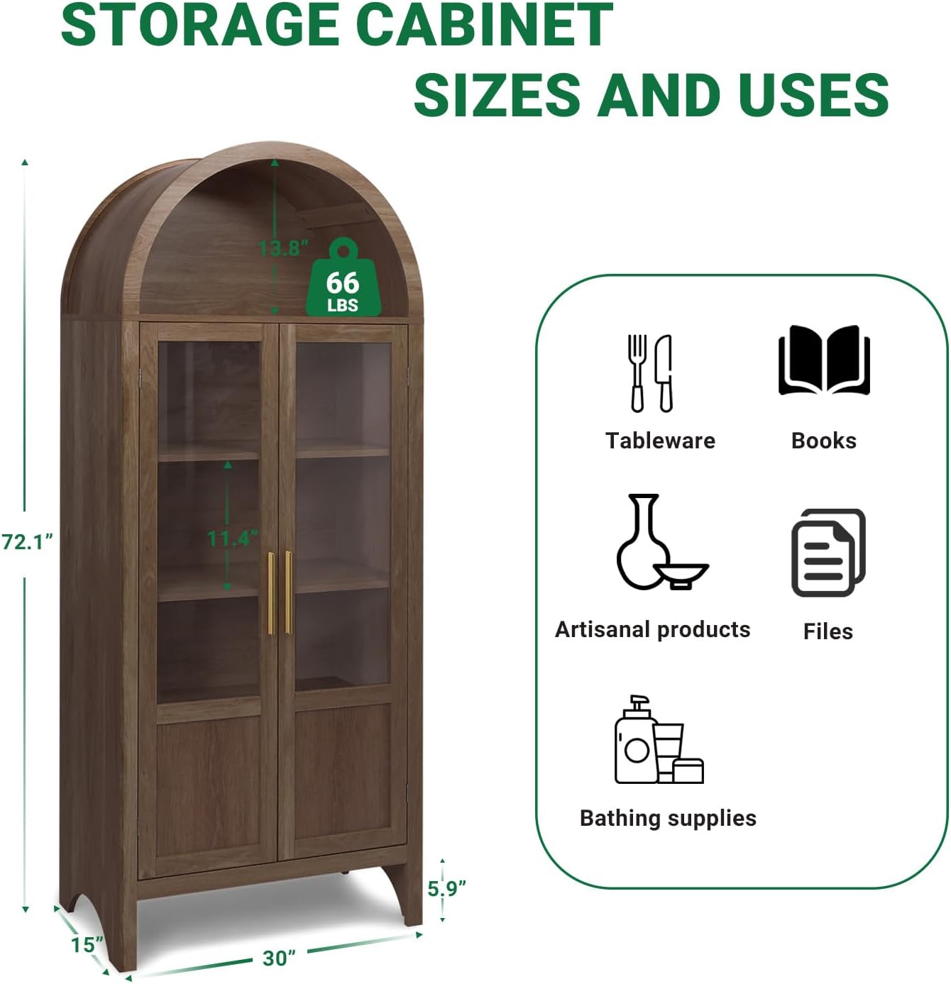 Arched Storage Cabinet with 2 Doors and 5-Tier Shelves for Living Room, 71" Tall Wooden Pantry Cabinet for Dining Room and Kitchen, Floor Bathroom Organizer, Brown