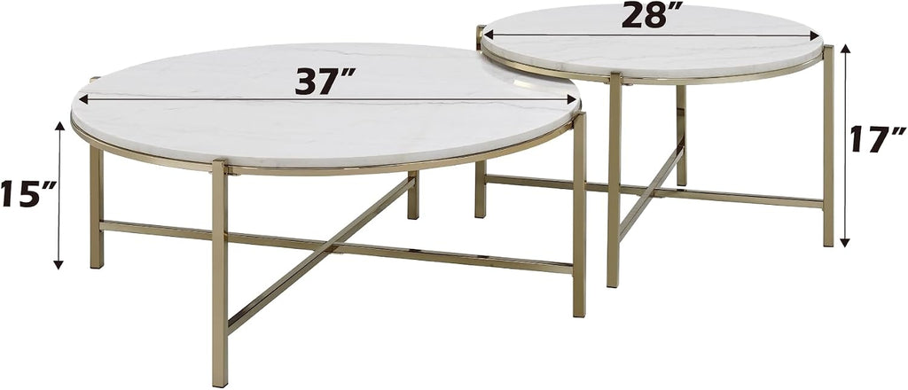 Marble Top & Nickel Finish Nesting Table Set with White | Luxurious 2-piece nesting table set with natural marble tops and nickel finish