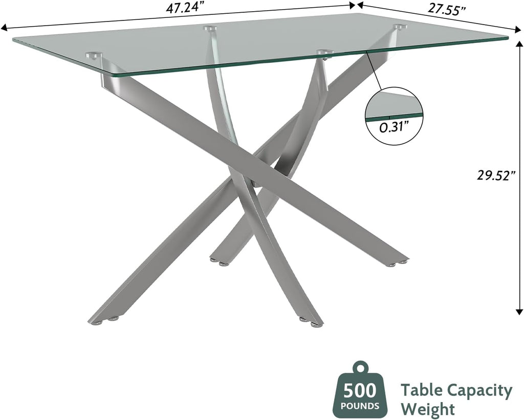47.24 Inch Glass Dining Table, Rectangular Kitchen Glass Table for 4 People, Modern Dining Room Table for Dinner Kitchen Dining Room(Silver)