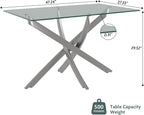 47.24 Inch Glass Dining Table, Rectangular Kitchen Glass Table for 4 People, Modern Dining Room Table for Dinner Kitchen Dining Room(Silver)