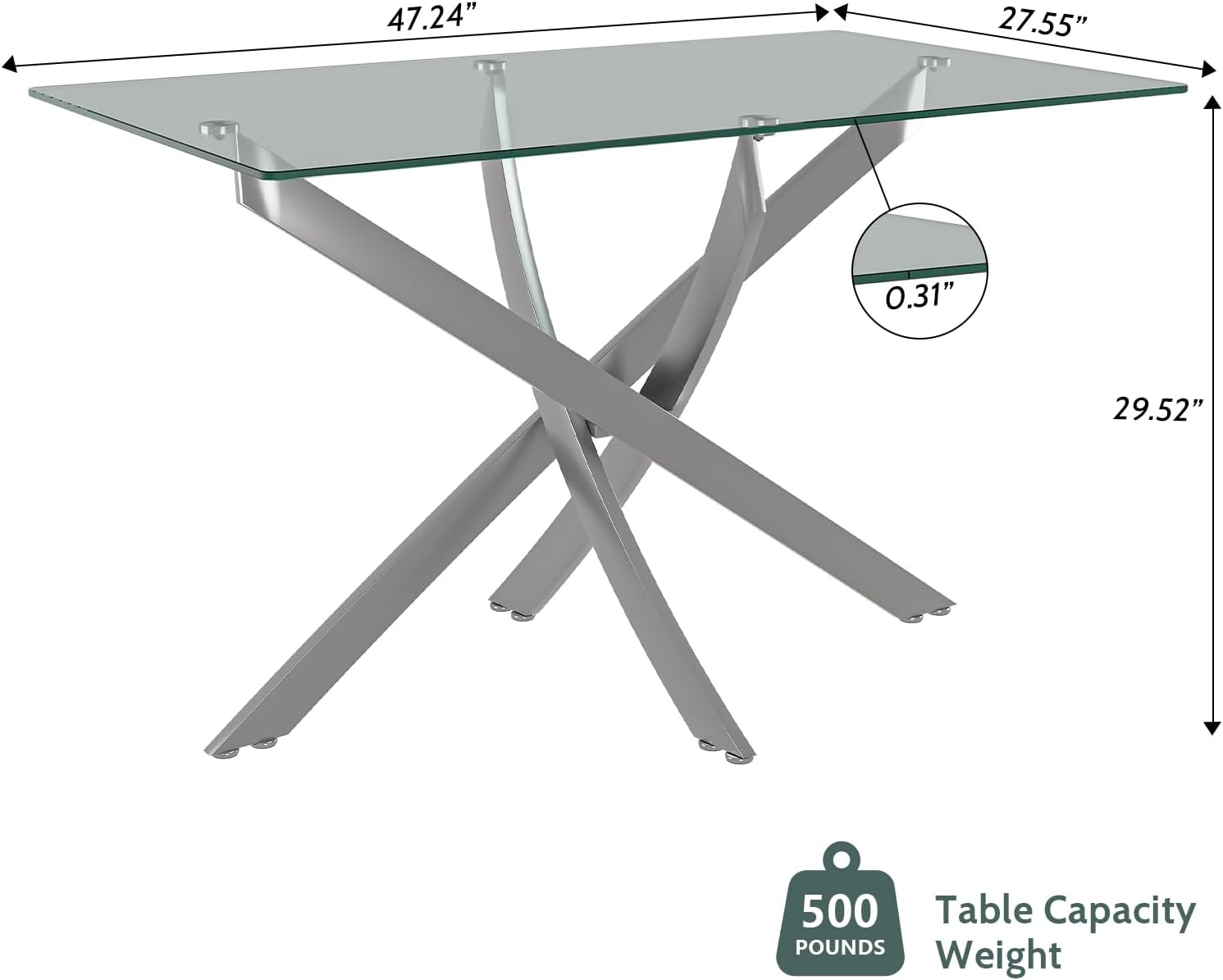 47.24 Inch Glass Dining Table, Rectangular Kitchen Glass Table for 4 People, Modern Dining Room Table for Dinner Kitchen Dining Room(Silver)