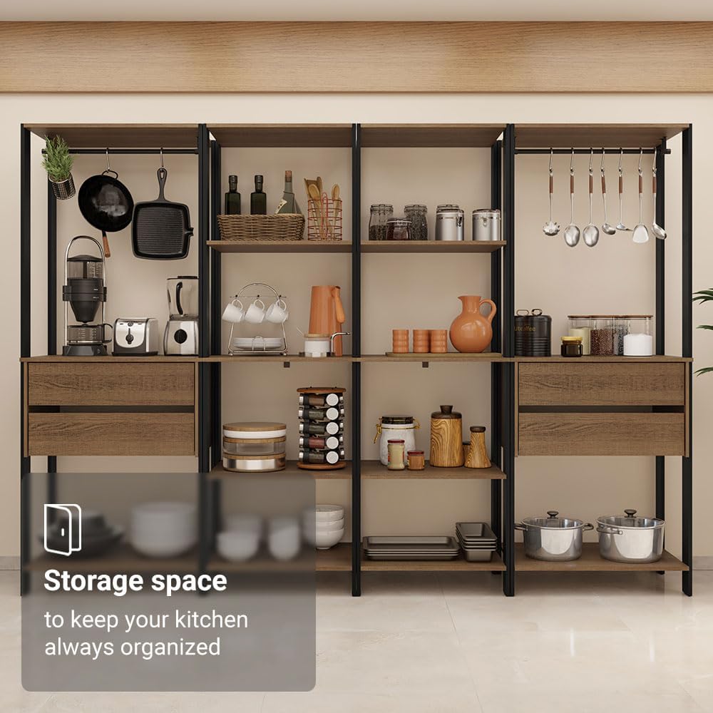 Madesa Kitchen Pantry Storage Rack with 4 Drawers, Open Shelves and Hanging Spaces 102" L Multiuse Modular Cabinet for Kitchen Organization - Black/Brown