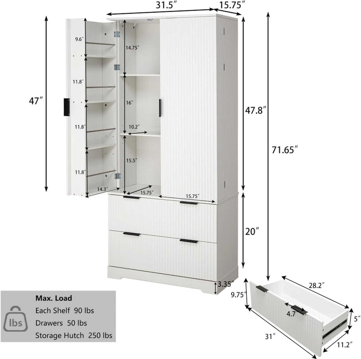 Hassyee 72" Modern Fluted Kitchen Pantry Cabinet with 2 Large Drawers & 8-Door Spice Rack, Freestanding Storage Organizer for Bathroom, Dining Room, Office, Entryway, White