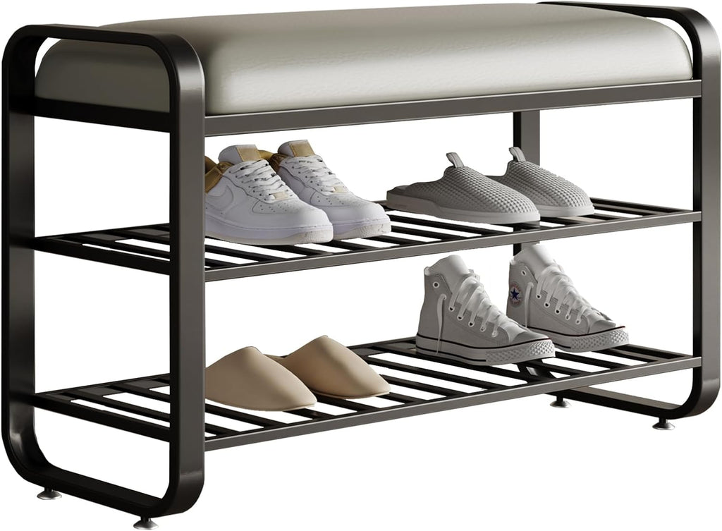 shoe bench,entryway bench with shoe storage,modern shoe rack bench with cushion upholstered padded seat 3 Tier metal shoe storage bench for entryway, hallway,front door (31.5*12.5*20.4, black)