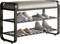 shoe bench,entryway bench with shoe storage,modern shoe rack bench with cushion upholstered padded seat 3 Tier metal shoe storage bench for entryway, hallway,front door (31.5*12.5*20.4, black)