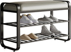 shoe bench,entryway bench with shoe storage,modern shoe rack bench with cushion upholstered padded seat 3 Tier metal shoe storage bench for entryway, hallway,front door (31.5*12.5*20.4, black)