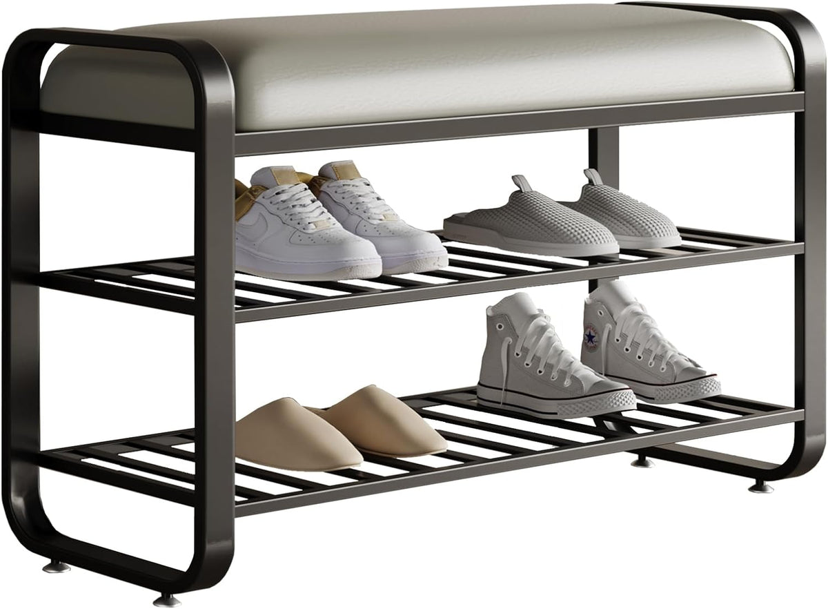 shoe bench,entryway bench with shoe storage,modern shoe rack bench with cushion upholstered padded seat 3 Tier metal shoe storage bench for entryway, hallway,front door (31.5*12.5*20.4, black)