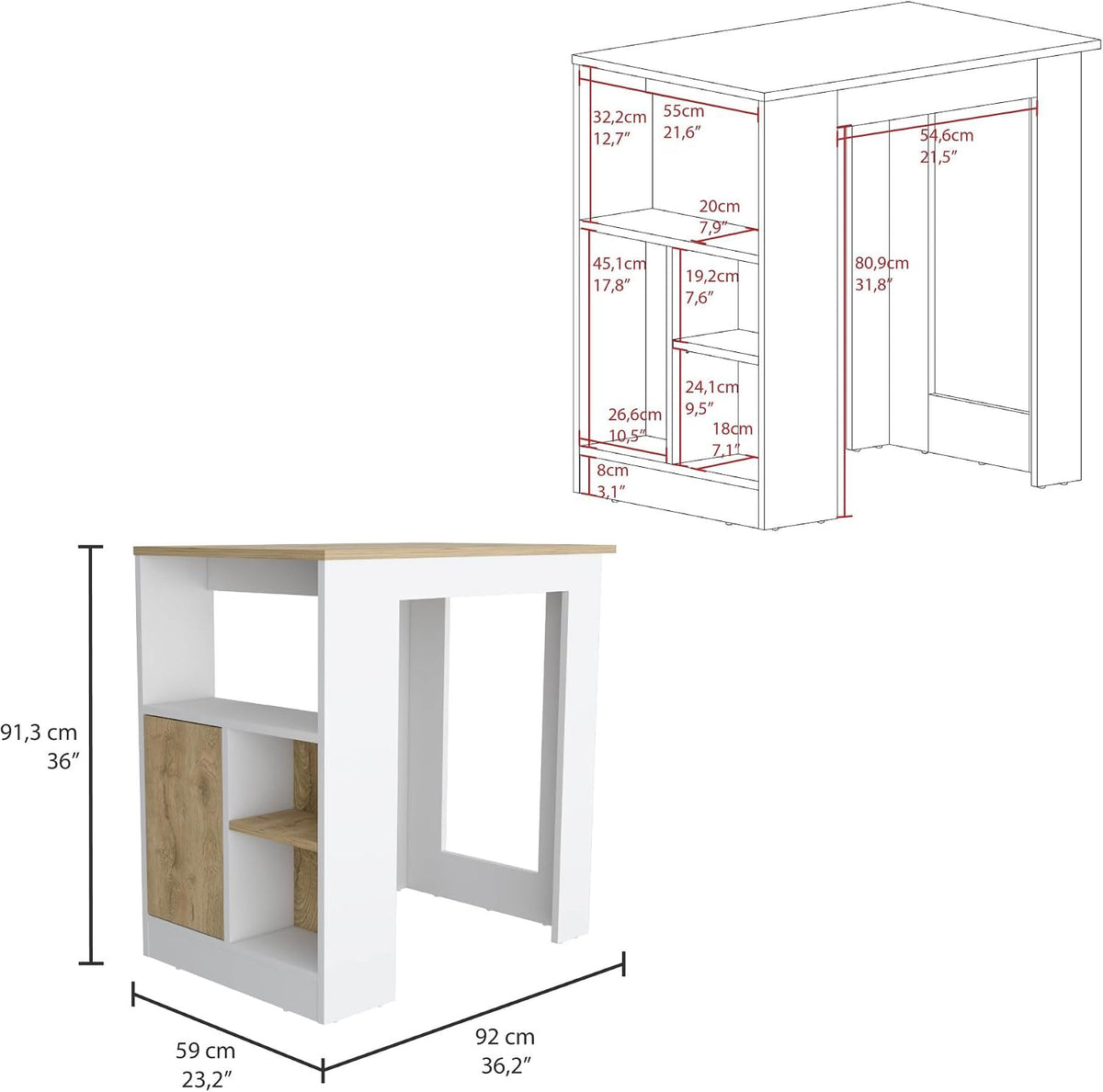 Kitchen Island with 1-Door Cabinet and Side Shelves | Push-to-open cabinet with three side storage shelves