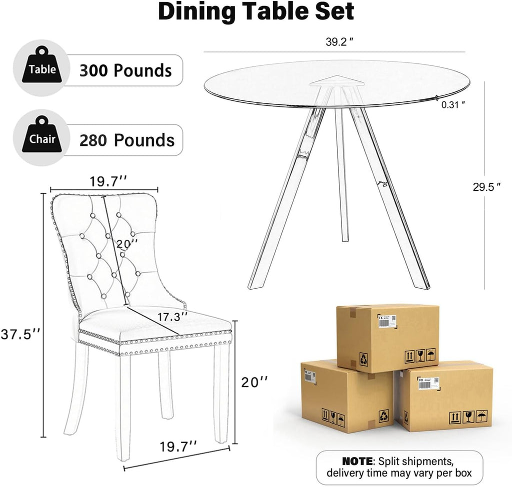 5-Piece 39" Round Glass Dining Table Set with 4 Velvet Upholstered Chairs, Dining Chairs with Solid Wood Legs, Modern Kitchen Table with Triangular Metal Base for Dining Room(Black)