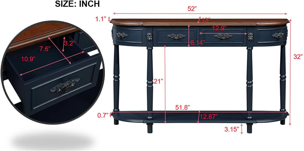P PURLOVE Curved Console Table with 2 Drawers, Retro Sofa Table with Solid Wood Frame and Legs, Half Moon Entry Table for Home Kitchen Entryway (Navy Blue)