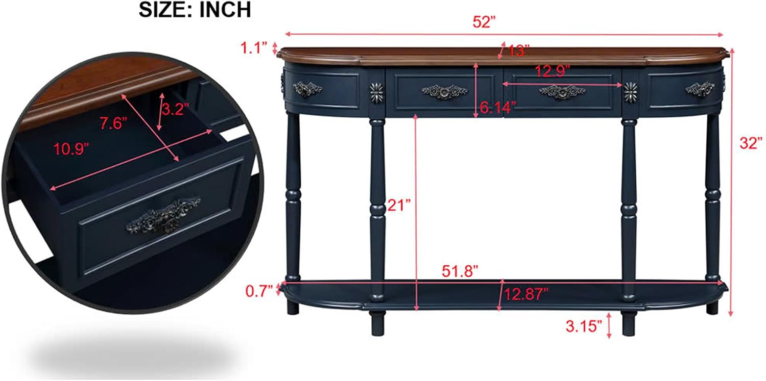 P PURLOVE Curved Console Table with 2 Drawers, Retro Sofa Table with Solid Wood Frame and Legs, Half Moon Entry Table for Home Kitchen Entryway (Navy Blue)