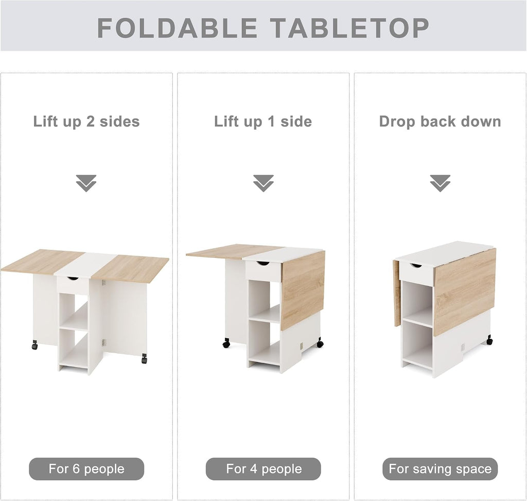 Mondeer Folding Dining Table with Drawer and Shelves, Oak & White | Drop Leaf Kitchen Table with 1 Drawer and 2 Storage Shelves in Modern Style for Small Spaces and Seats 4-6 People.