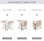 Mondeer Folding Dining Table with Drawer and Shelves, Oak & White | Drop Leaf Kitchen Table with 1 Drawer and 2 Storage Shelves in Modern Style for Small Spaces and Seats 4-6 People.