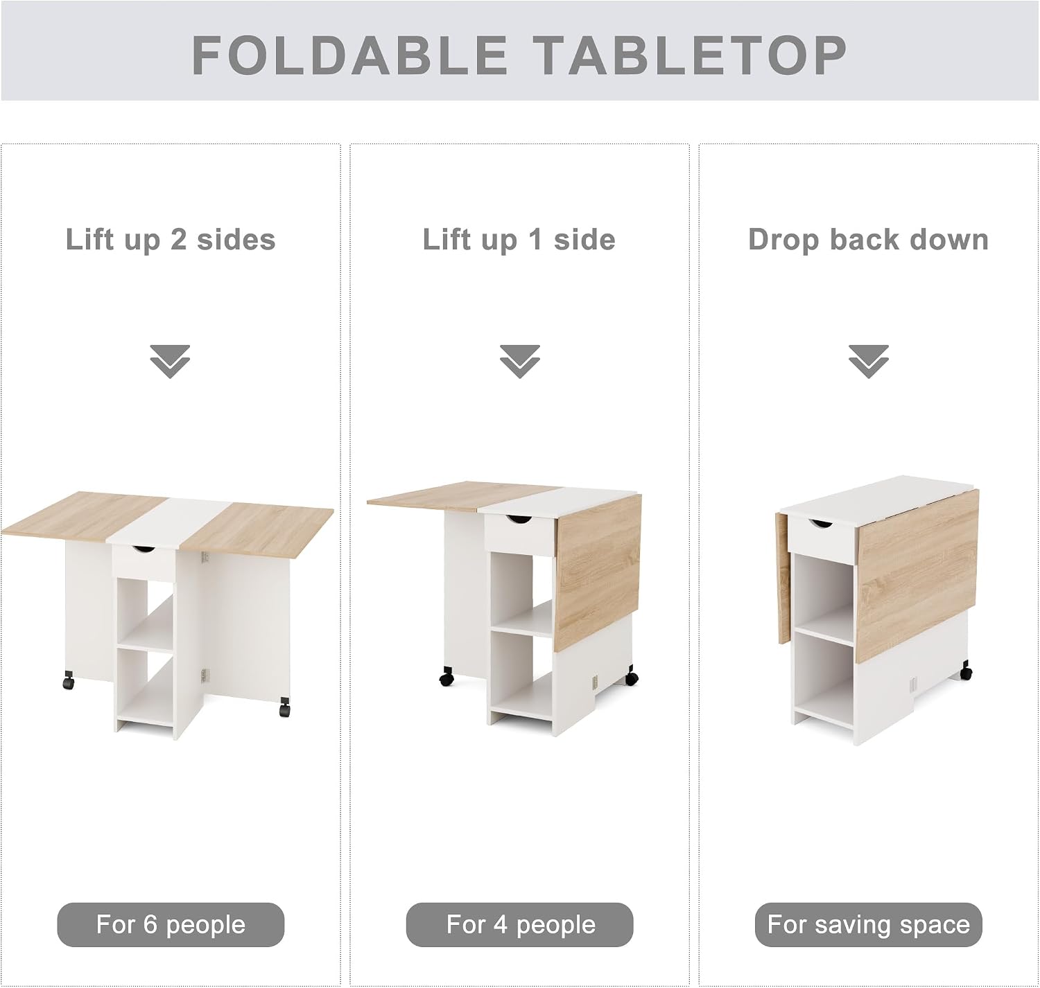 Mondeer Folding Dining Table with Drawer and Shelves, Oak & White | Drop Leaf Kitchen Table with 1 Drawer and 2 Storage Shelves in Modern Style for Small Spaces and Seats 4-6 People.