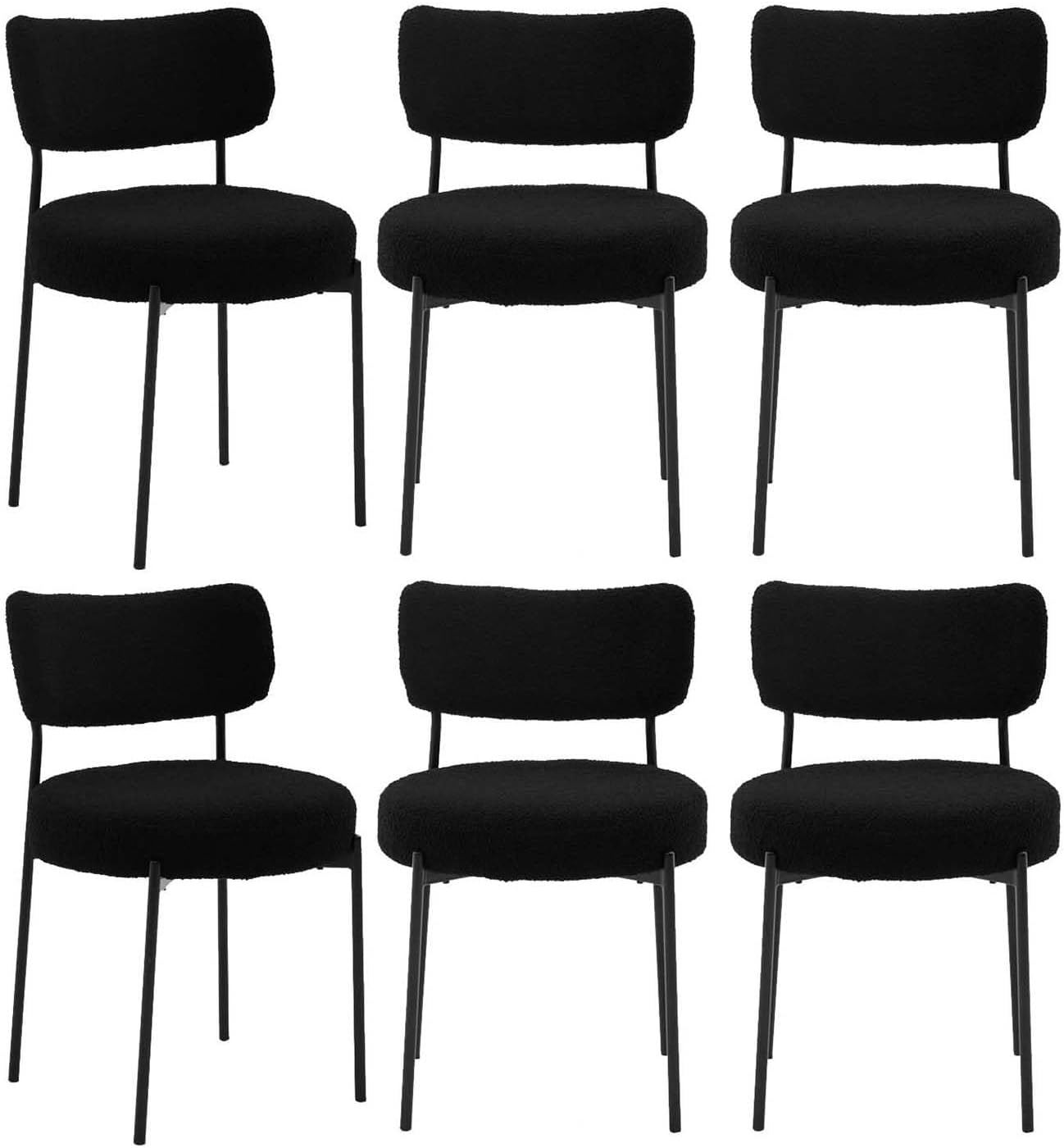 2.7" Black Dining Chairs Set of 6, Boucle Dining Chair with Curved Backrest & Metal Legs, Kitchen Chairs with Adjustable Non-Slip Foot Pads, Mid Century Dining Chair for Living Room